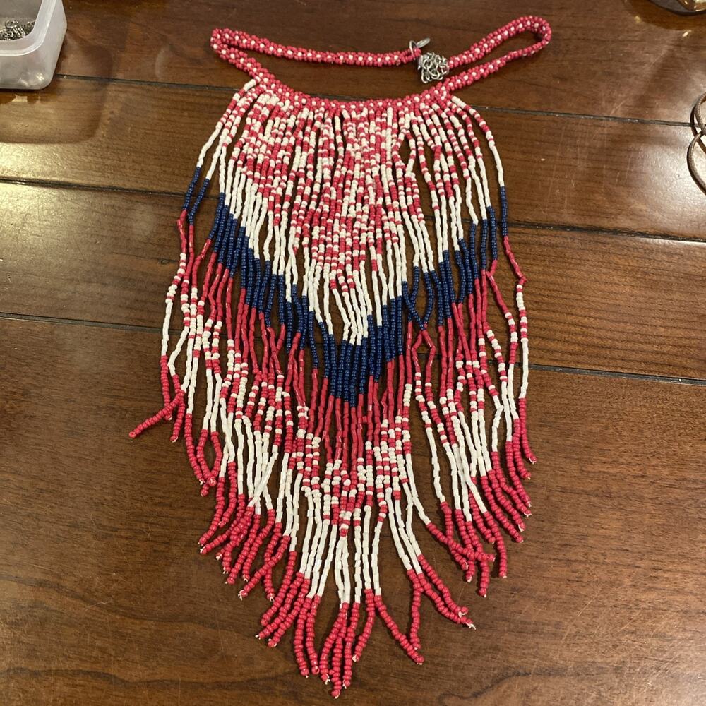 Statement Choker Necklace Fringe Bib Collar Beaded Red White Blue Boho Native